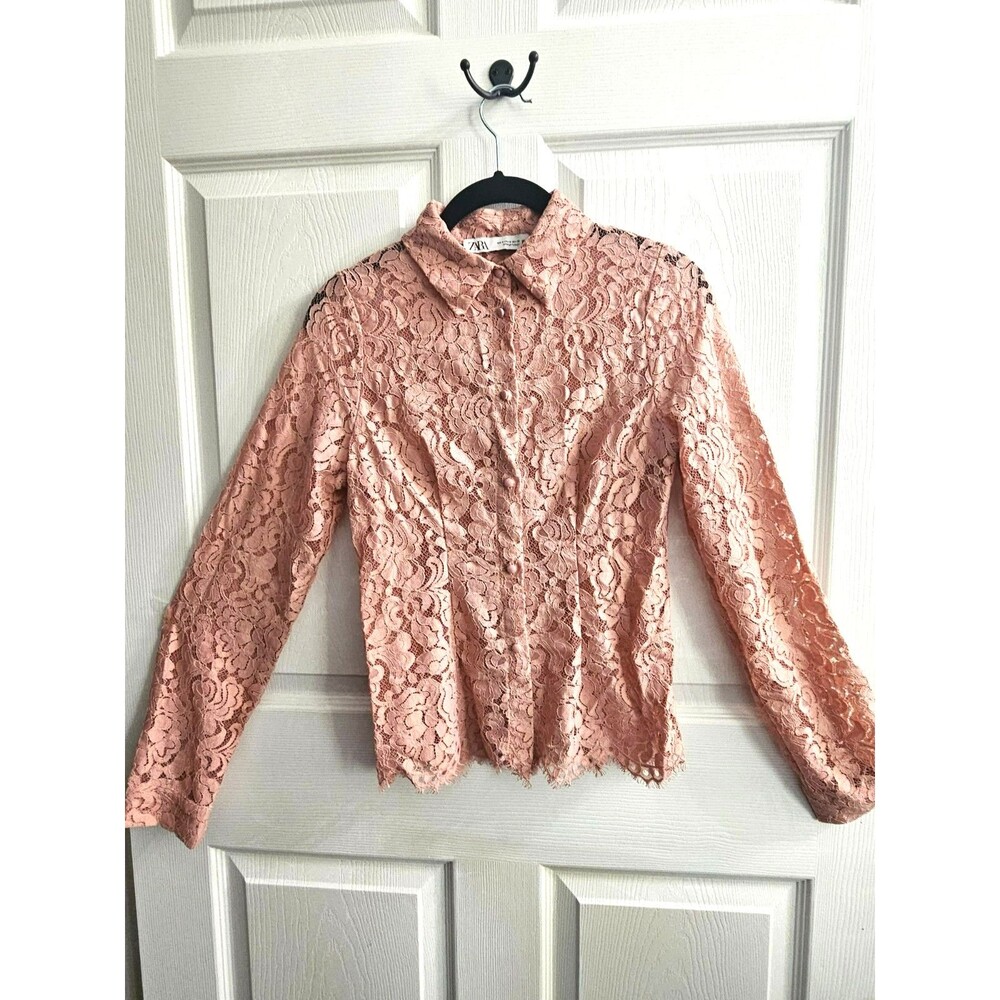 Zara Women's Pink Long Sleeve Button-Up Lace Shirt Size S Romantic Whimsy Fairy